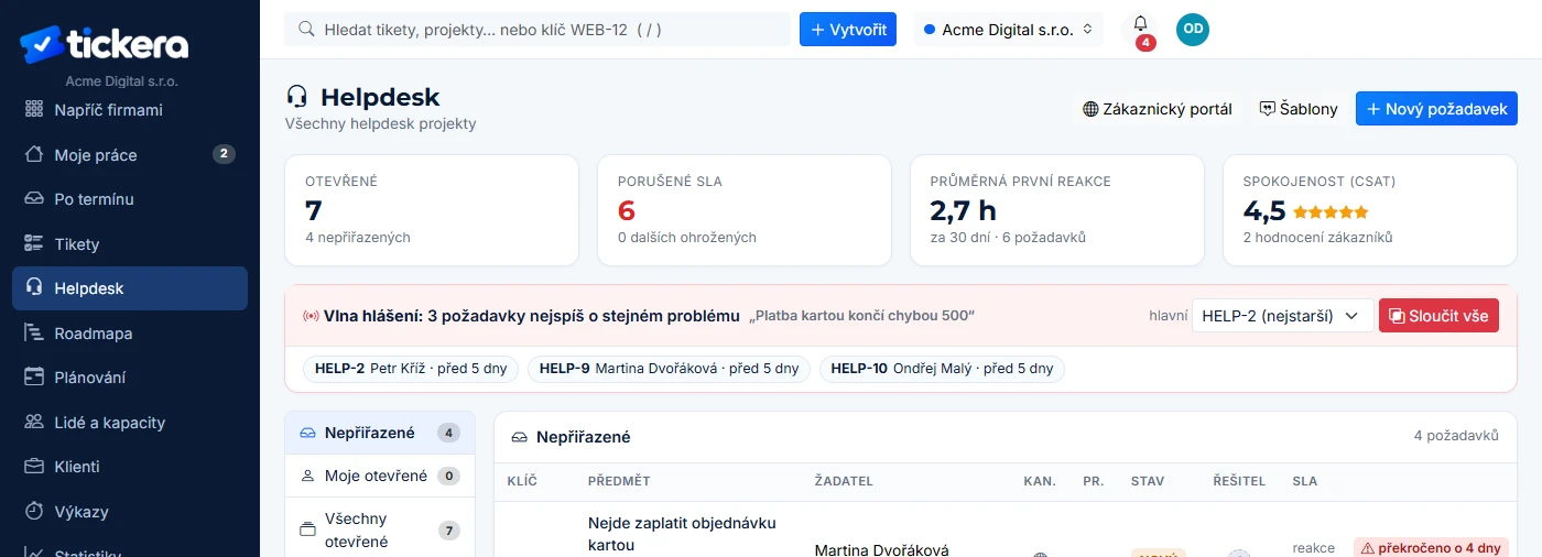 Helpdesk s frontami, SLA a hodnocením spokojenosti