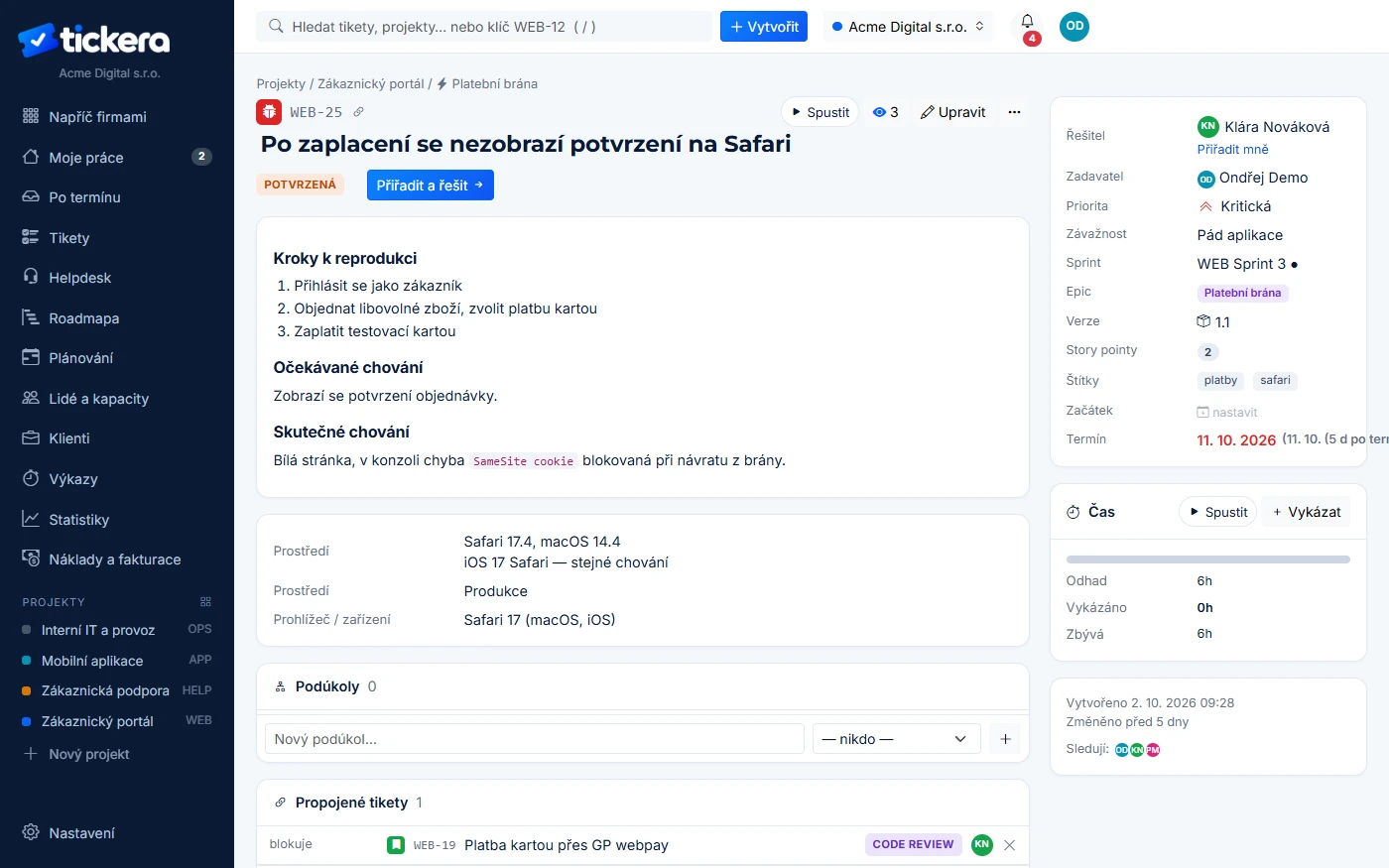 Detail tiketu se stavem, řešitelem, termínem a časem